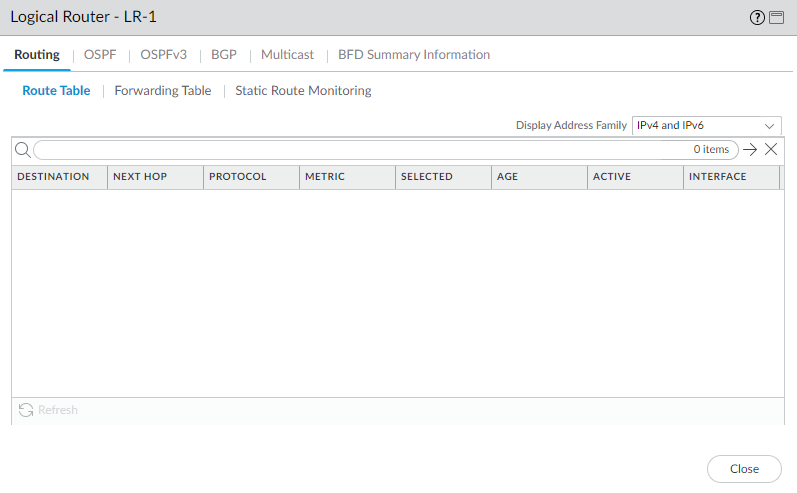 Runtime Stats window for a Logical Router showing the Route Table.